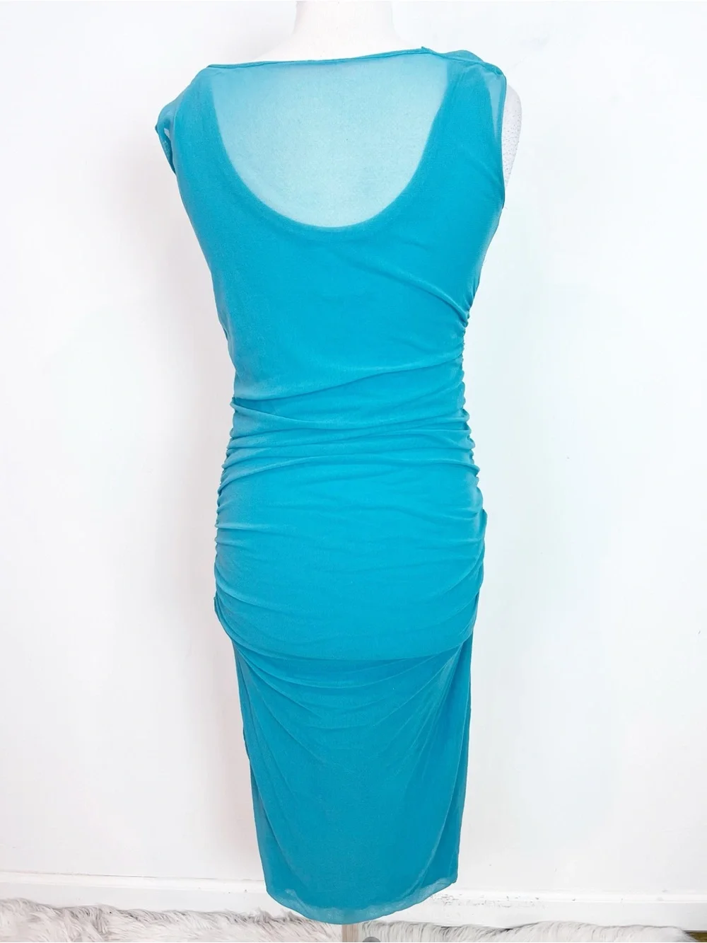 FUZZI MADE IN ITALY AQUA TURQUOISE BLUE MESH RUCHED SIDE DRESS WOMENS LARGE - Picture 2 of 3
